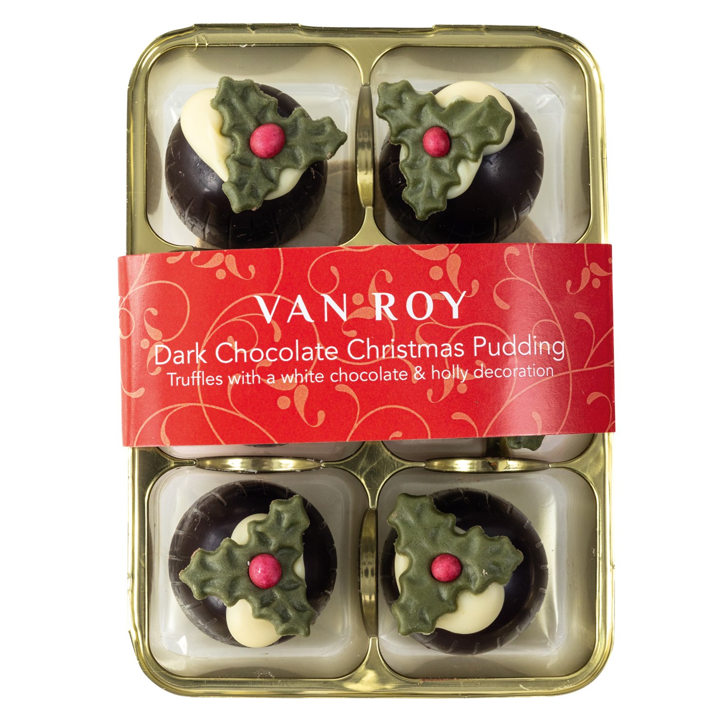 Dark choc Christmas pudding with rum truffle in clear gift 6 pack 6x75g
