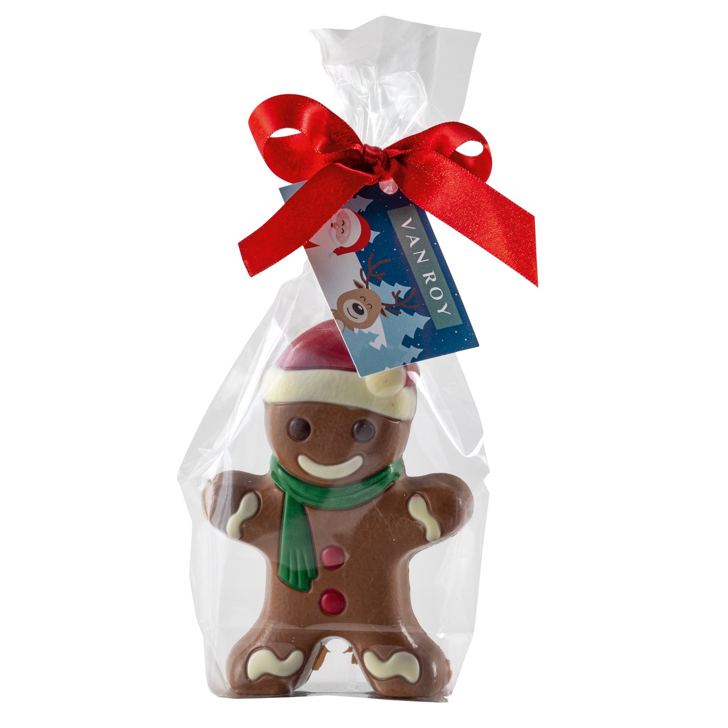 Hollow milk choc Gingerbread Person in gift bag with ribbon and tag 7x55g