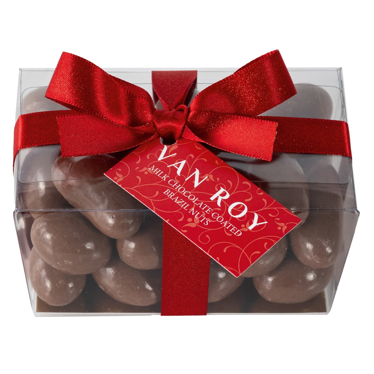 Milk chocolate Brazil nuts in clear ballotin with ribbon 8x250g