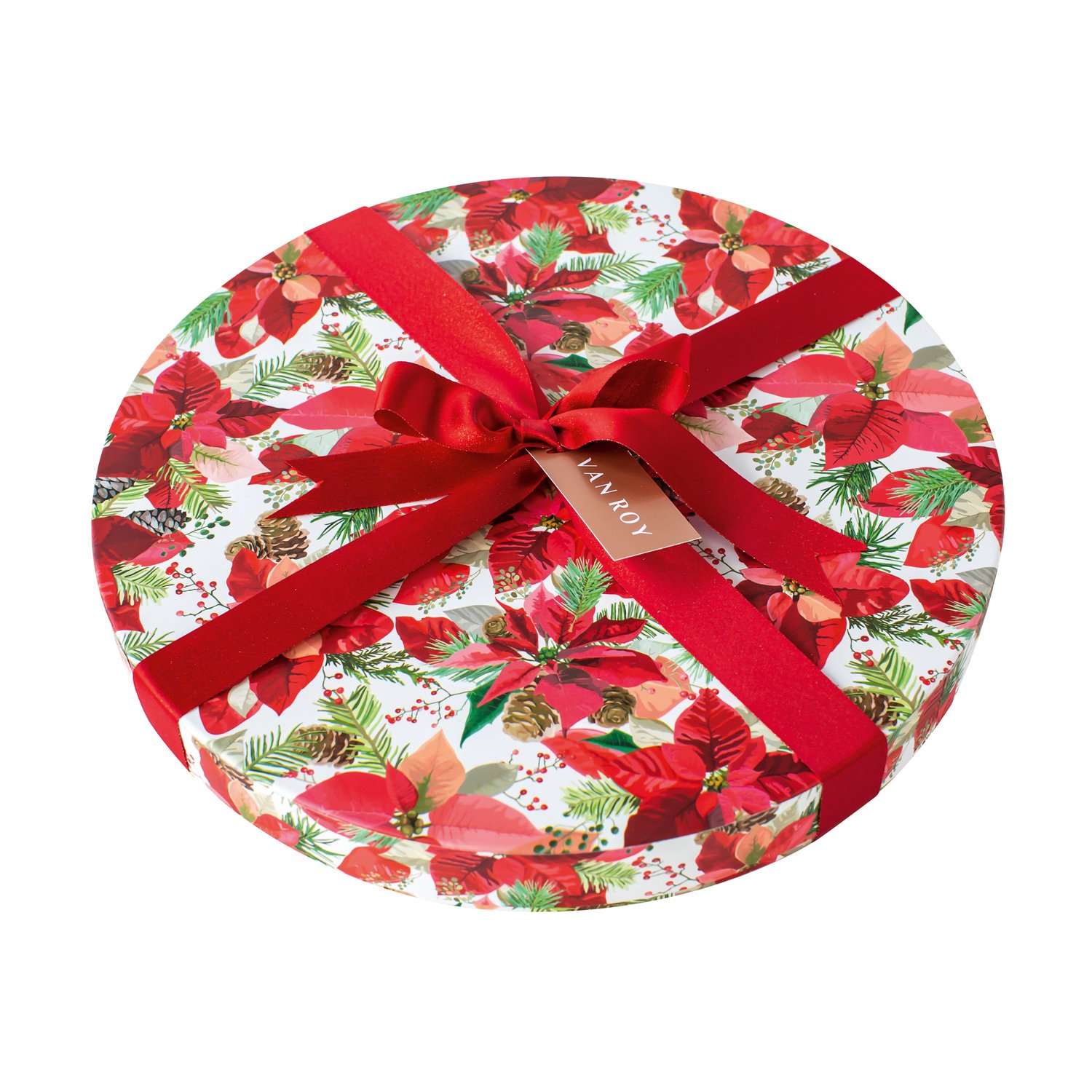 Deluxe rigid round Poinsettia design box of Belgian chocolates - 30cm 4x875g