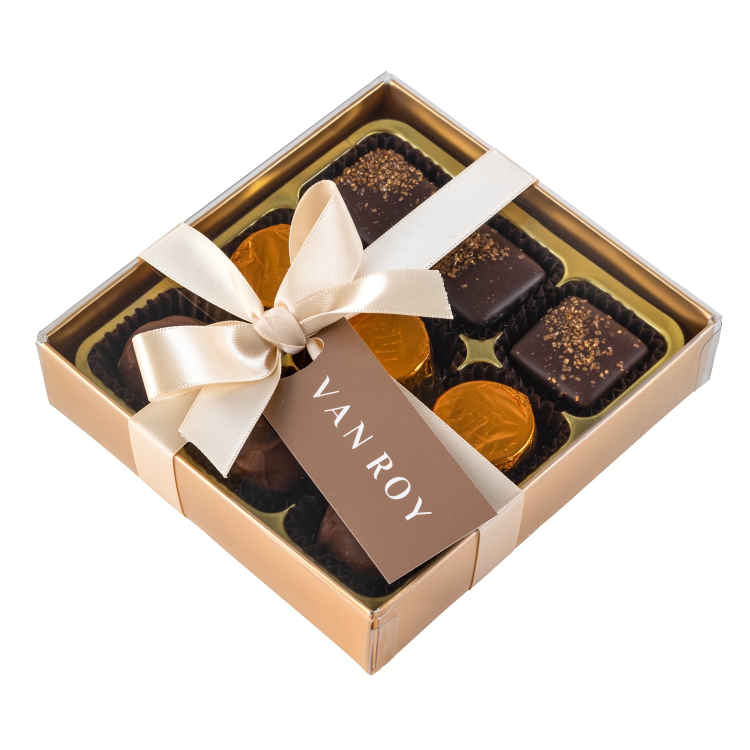 9 salted caramels in gold gift box with clear lid & ribbon 12x125g