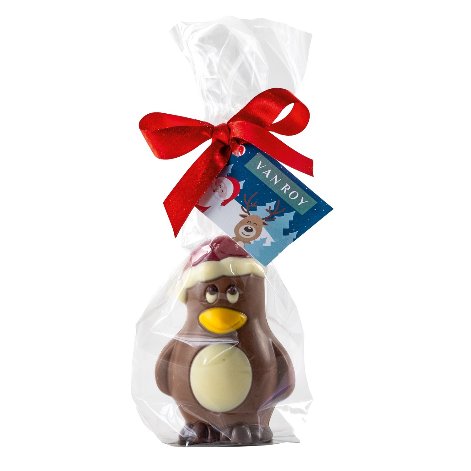 Hollow milk choc Christmas Penguin in gift bag with ribbon and tag 9x50g