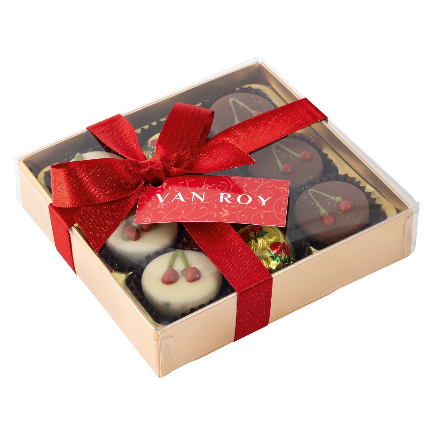 Gift box of 9 cherry chocolates with ribbon and tag 12x160g