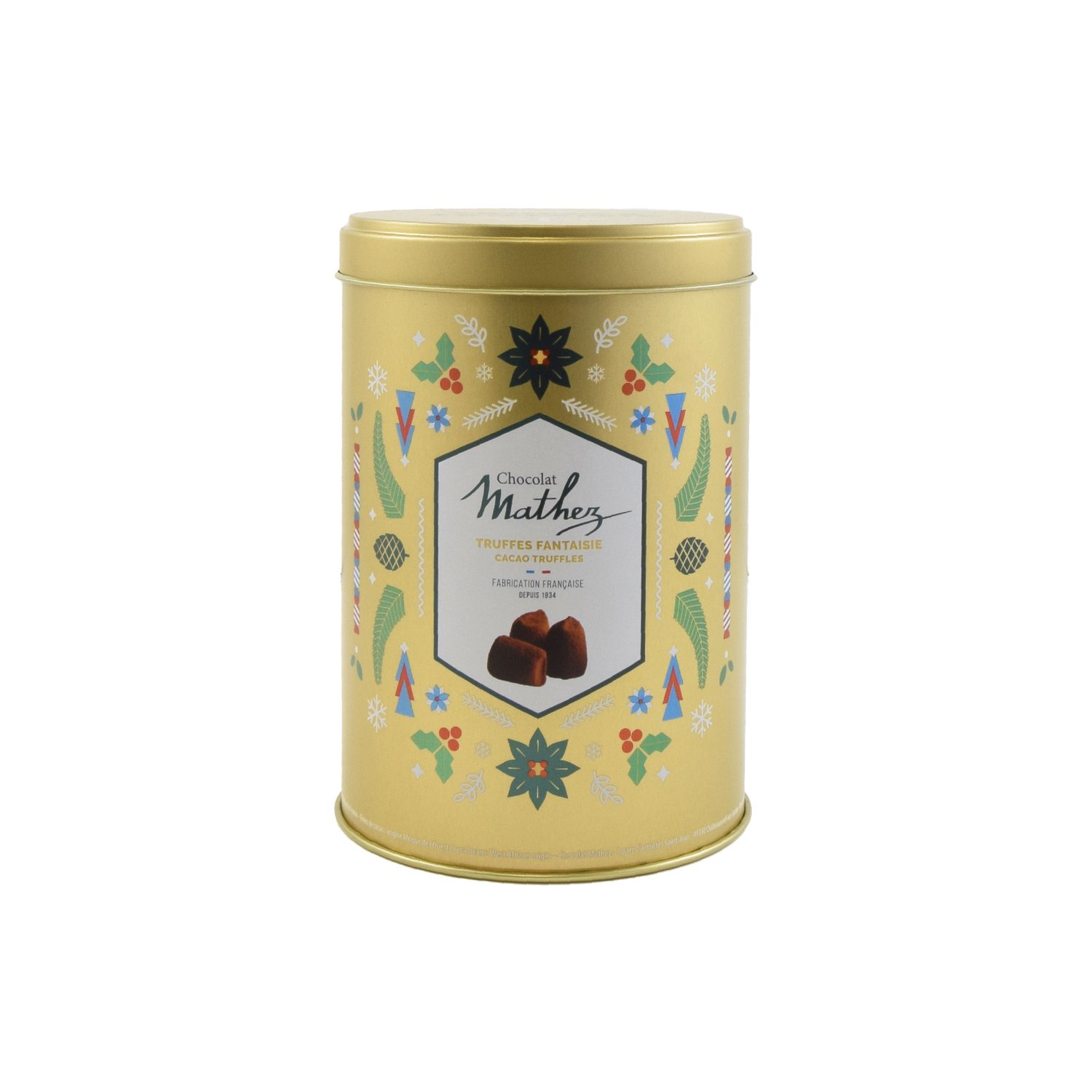 Mathez original French cocoa truffles in gold Christmas design tin - 10x500g