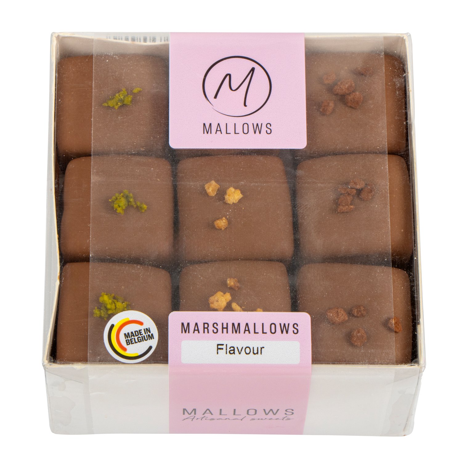Milk chocolate mallows in 18pc gift box - pistachio caramel coffee 12x150g