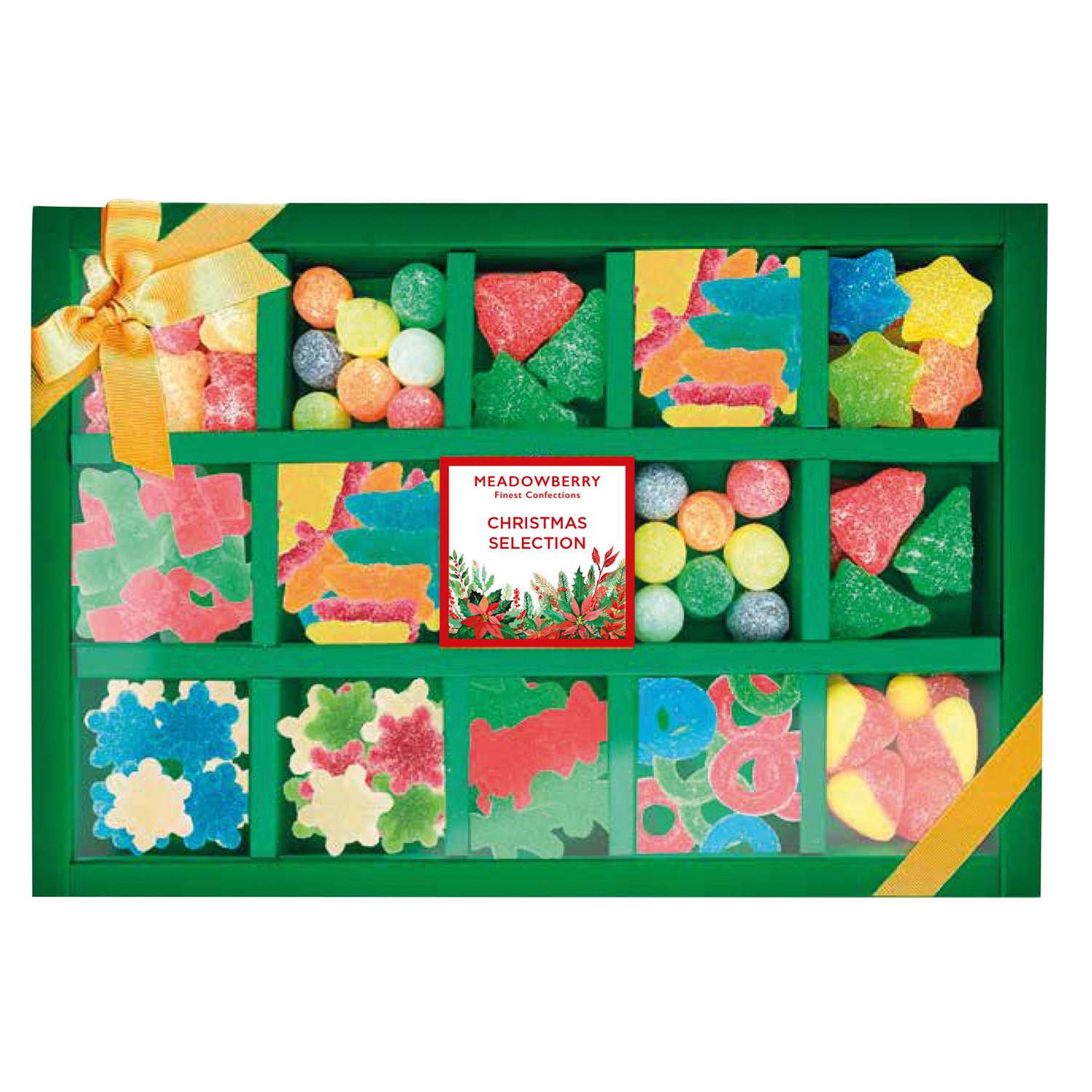 Meadowberry 15-way green box of Christmas gummies 28 x 18.5 x 3.5cm 6x450g
