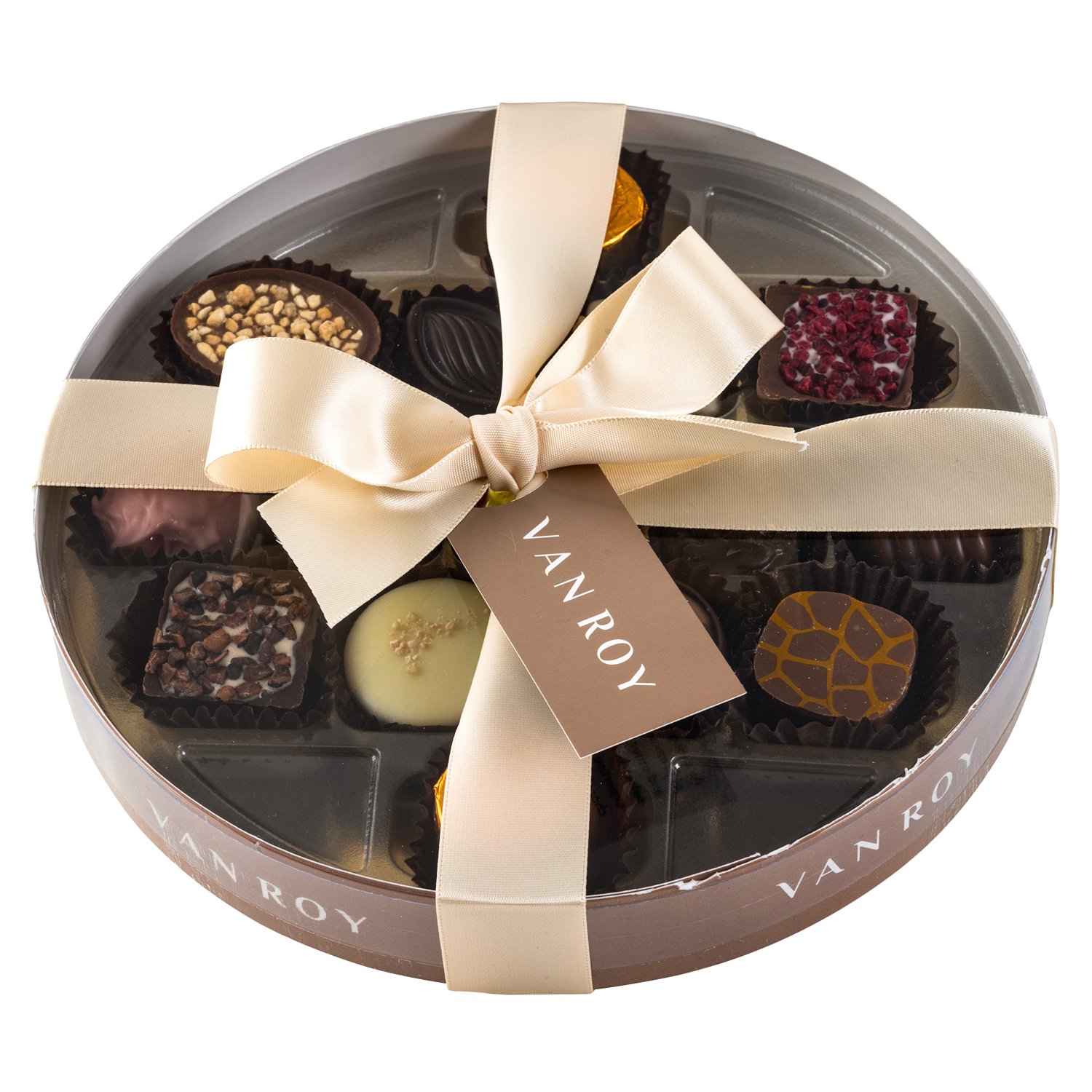 Asstd Belgian chocs in 18cm round with band & ribbon 6x200g
