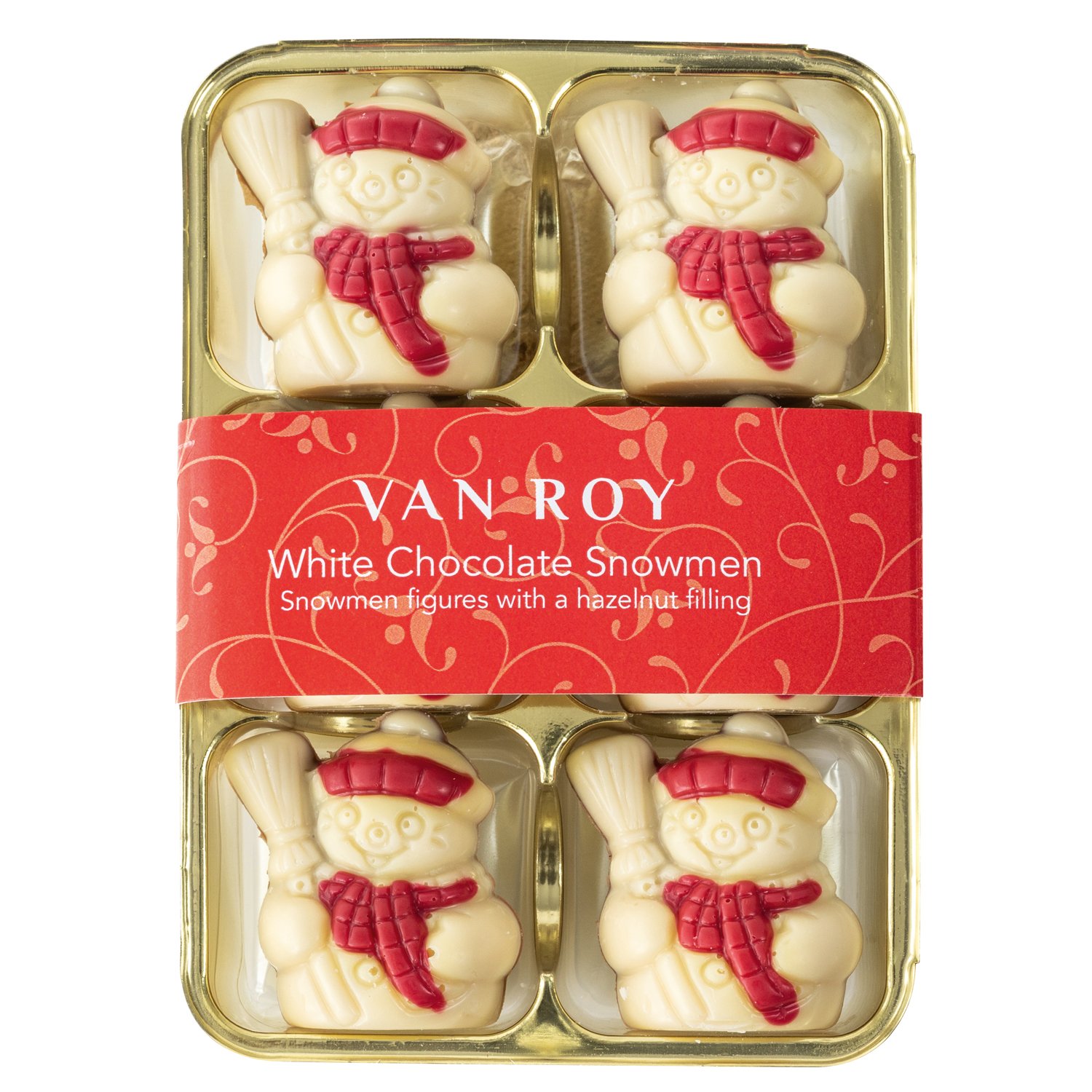 White chocolate snowmen with hazelnut filling in clear gift 6 pack  6x75g