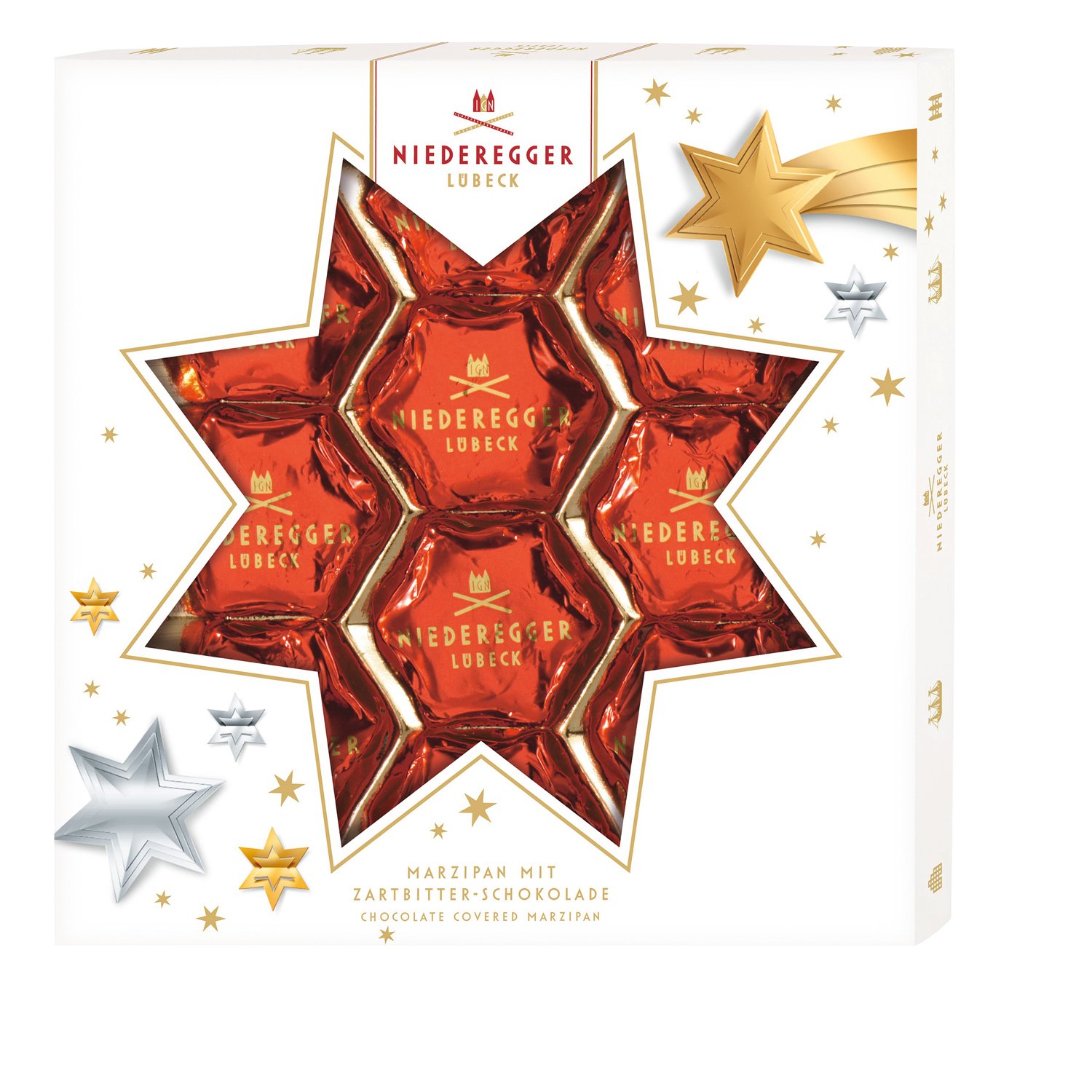 Christmas Stars -  dark chocolate covered marzipan stars in gift box 10x125g