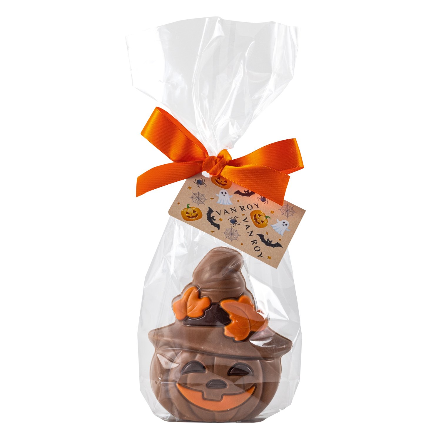 Hollow milk choc pumpkin with hat in gift bag with ribbon and tag 14x50g