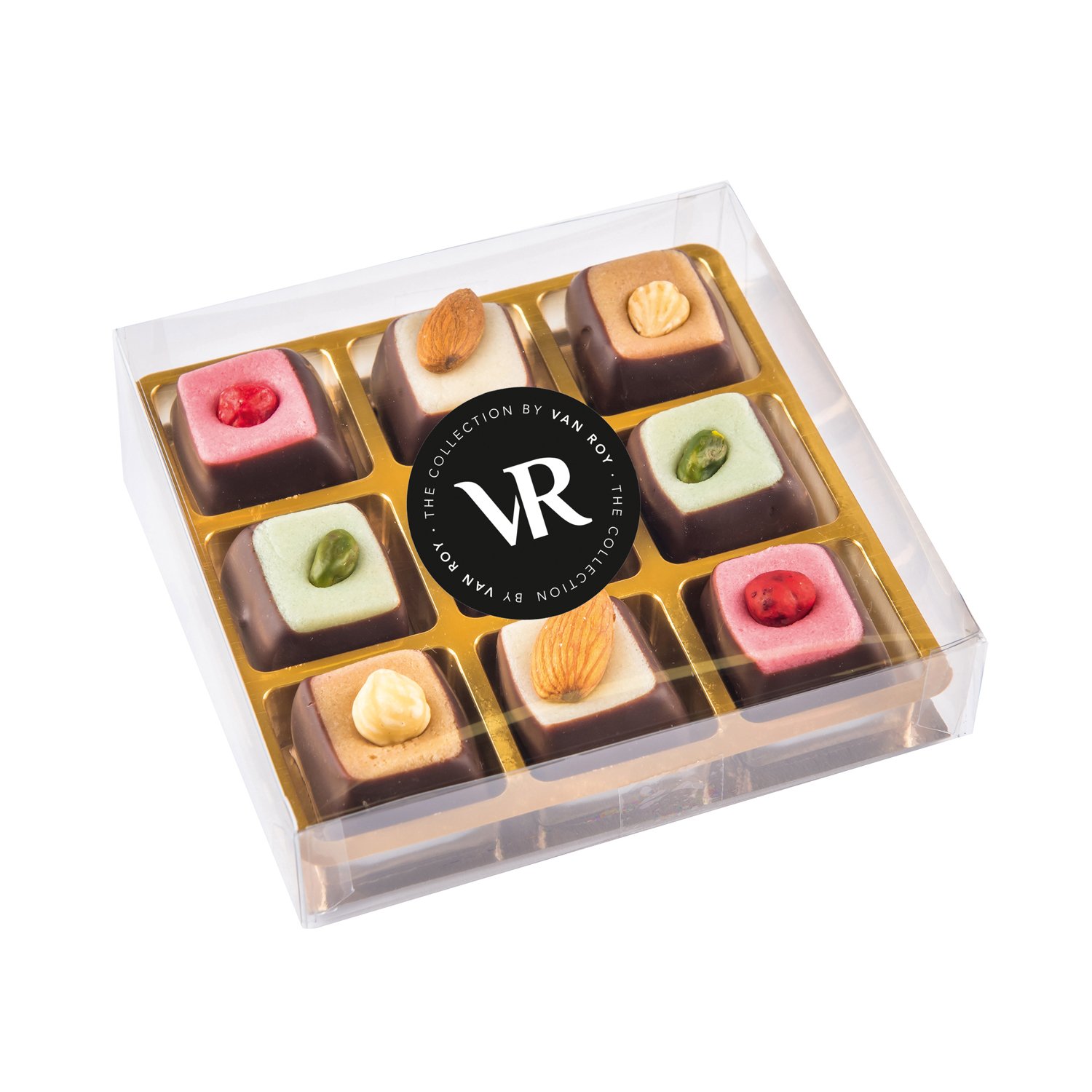 Decorated squares of marzipan dipped in chocolate in square gift box 12x180g