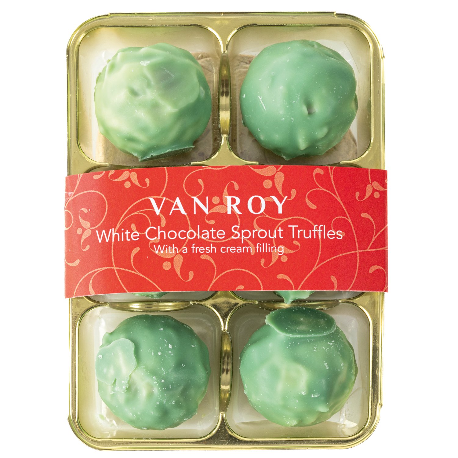 White choc green sprouts with fresh cream centre in clear gift 6 pack 6x80g