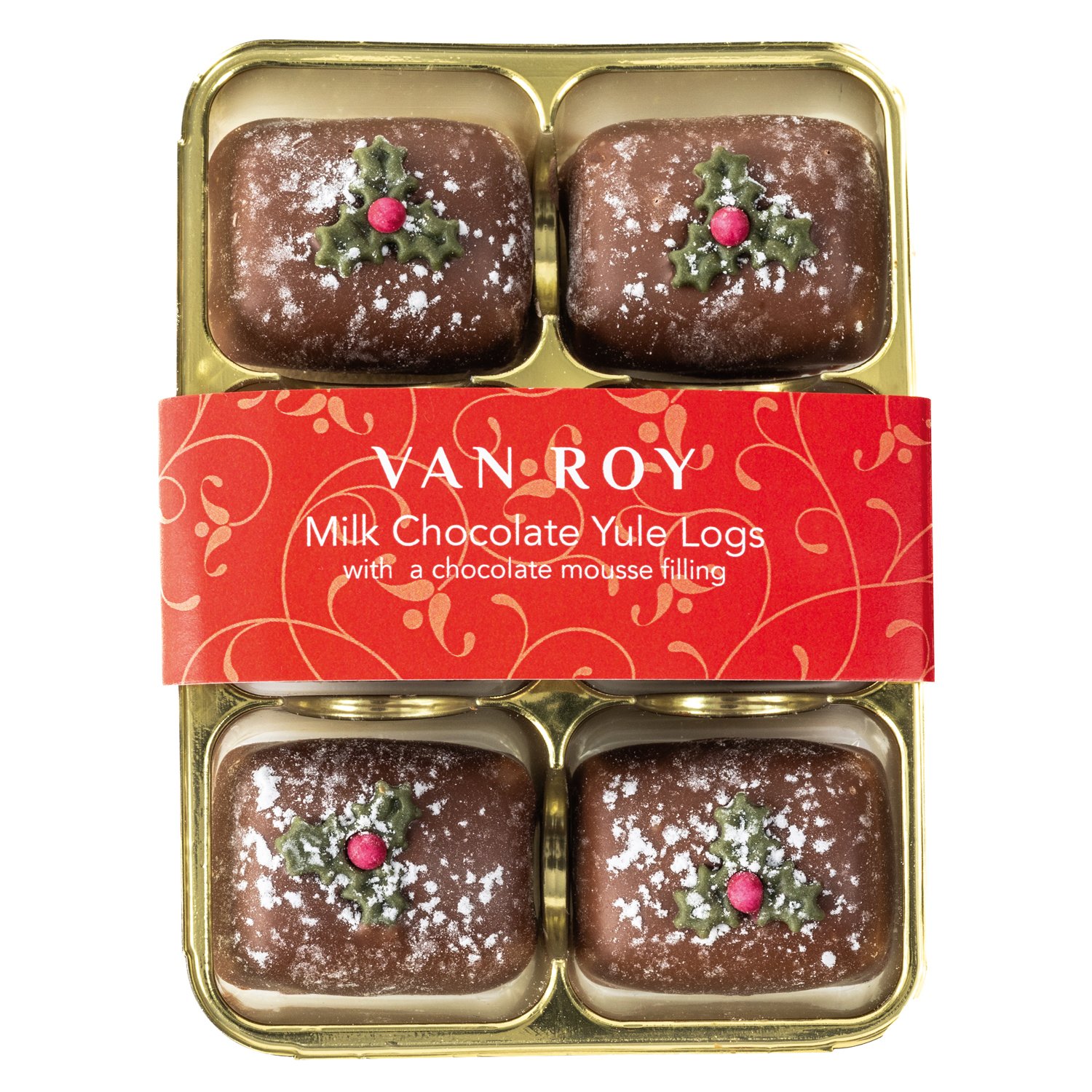 Milk choc Yule logs with a choc mousse filling in clear gift 6 pack  6x80g