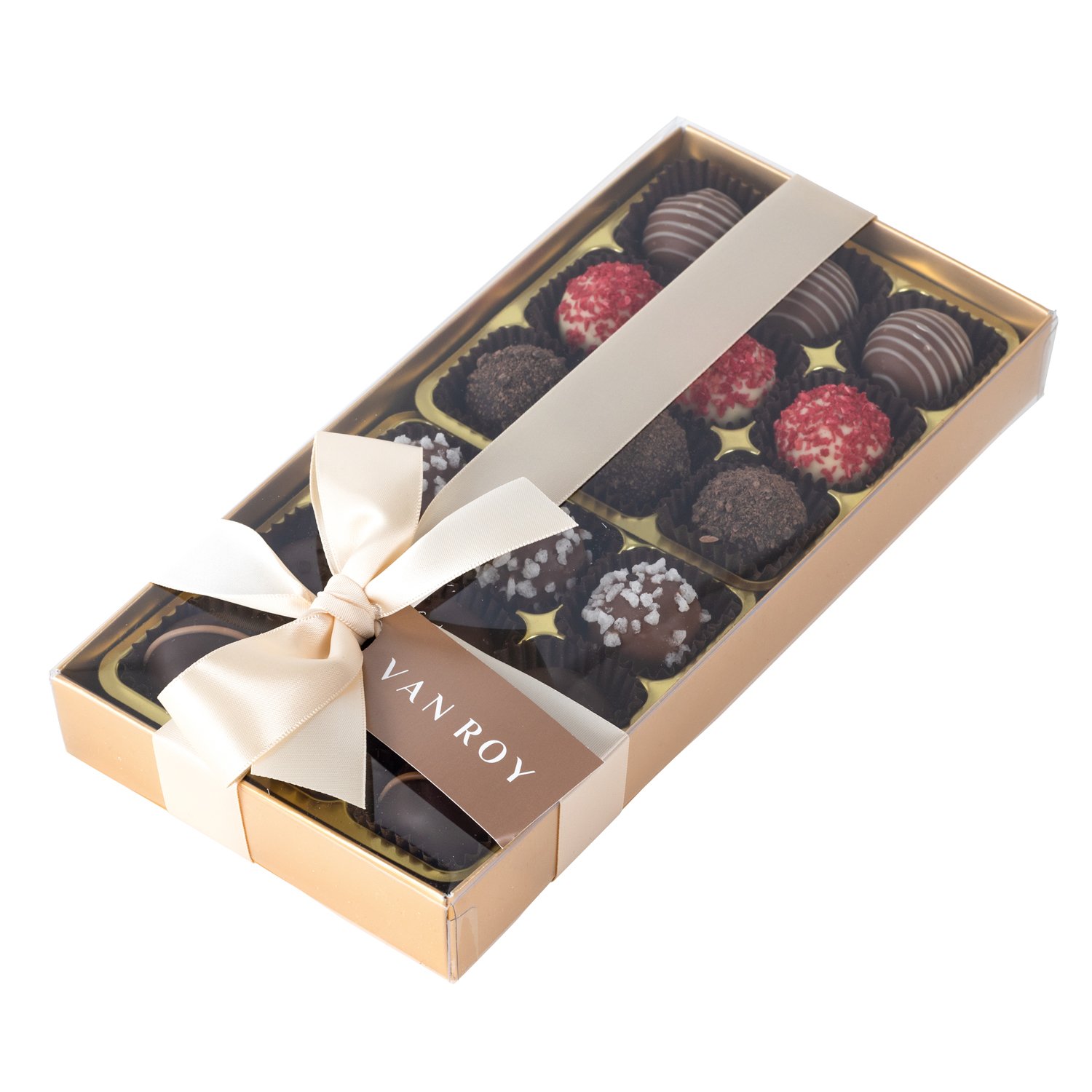 18 truffles in gold gift box with clear lid & ribbon 6x230g