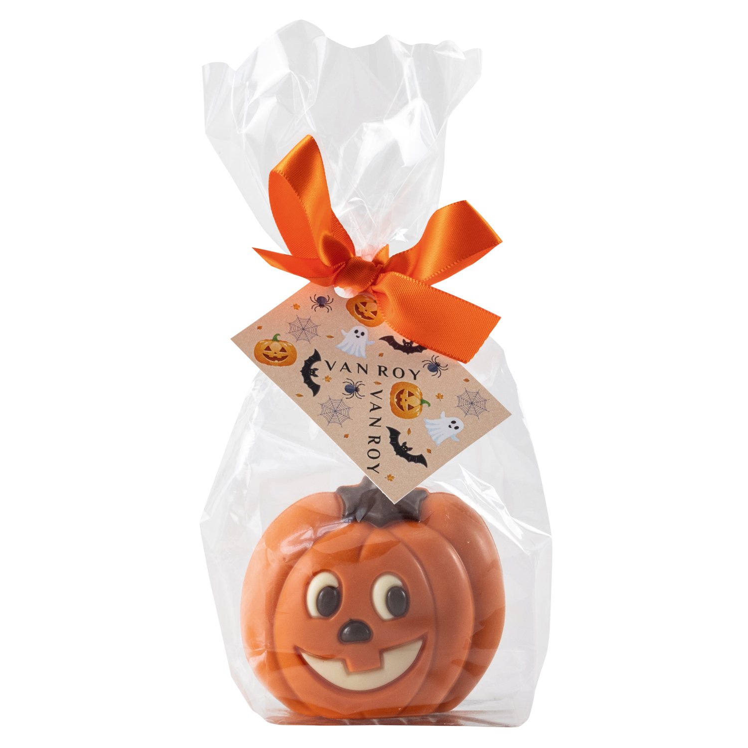 Hollow milk choc orange pumpkin figure in gift bag with ribbon and tag 12x30g