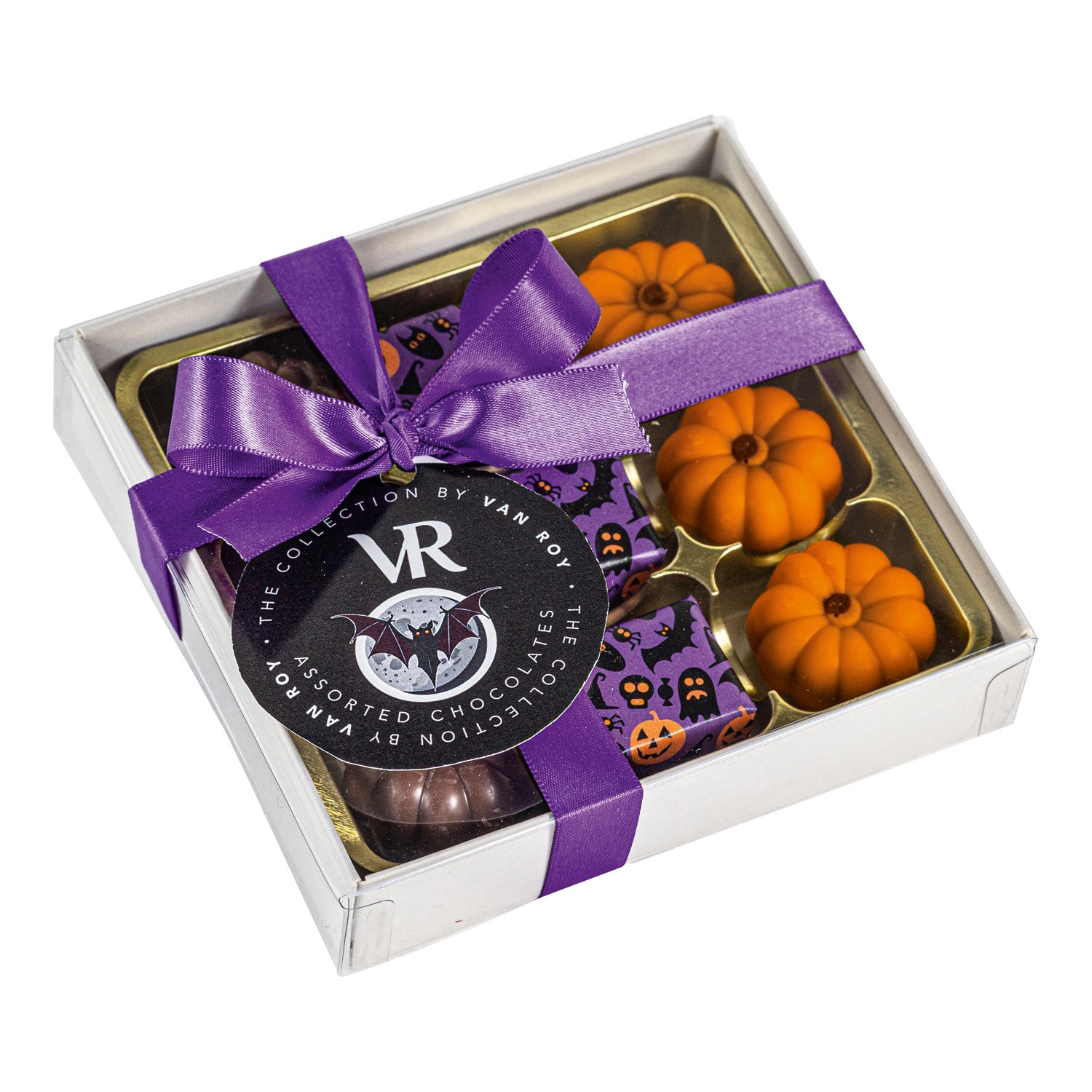 Halloween 9 choc selection in grey gift box with clear lid & ribbon 12x110g