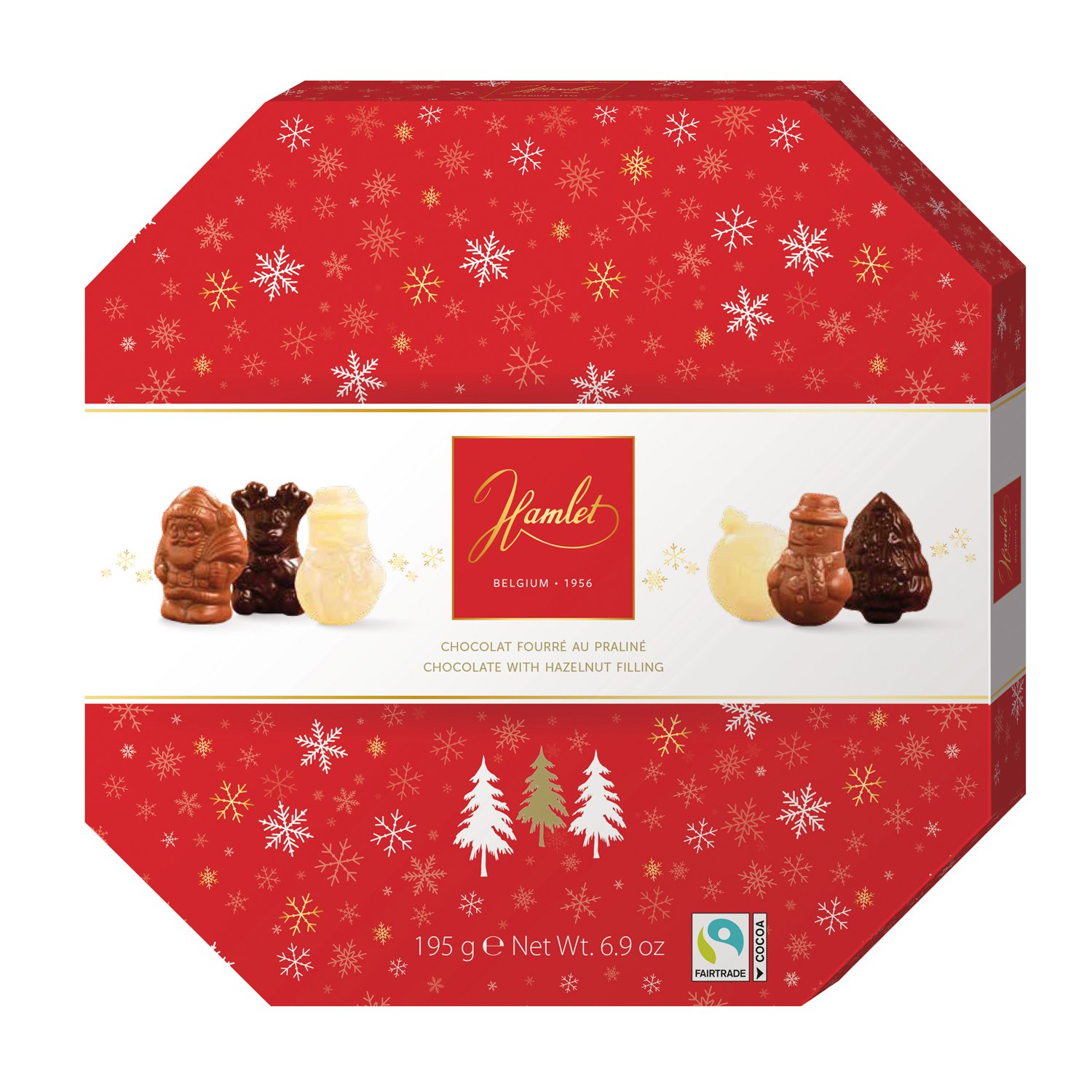 Hamlet festive octagon carton with hazelnut praline Xmas figures 12x195g