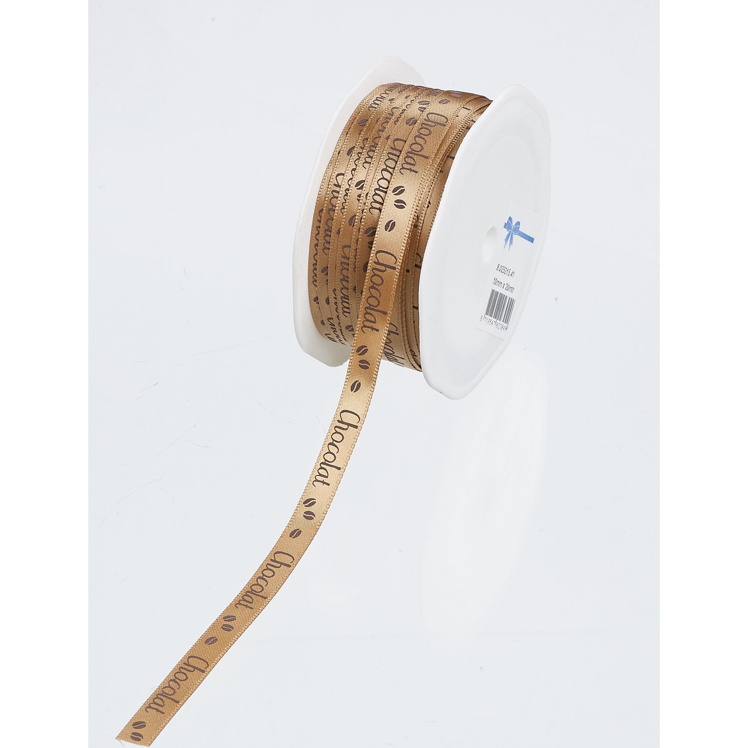 THS Packing - Caramel brown Chocolat printed single faced satin woven edge ribbon x 10mm x 20m