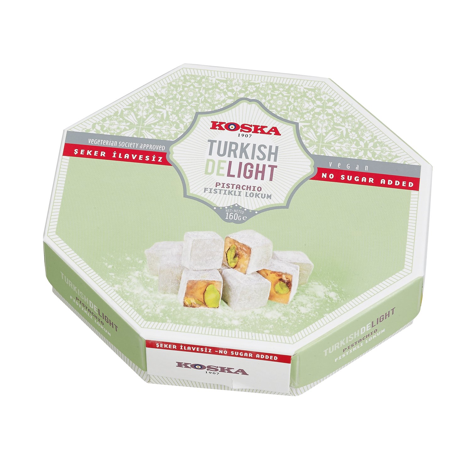 No sugar added pistachio Turkish delight in hexagon box 12x160g