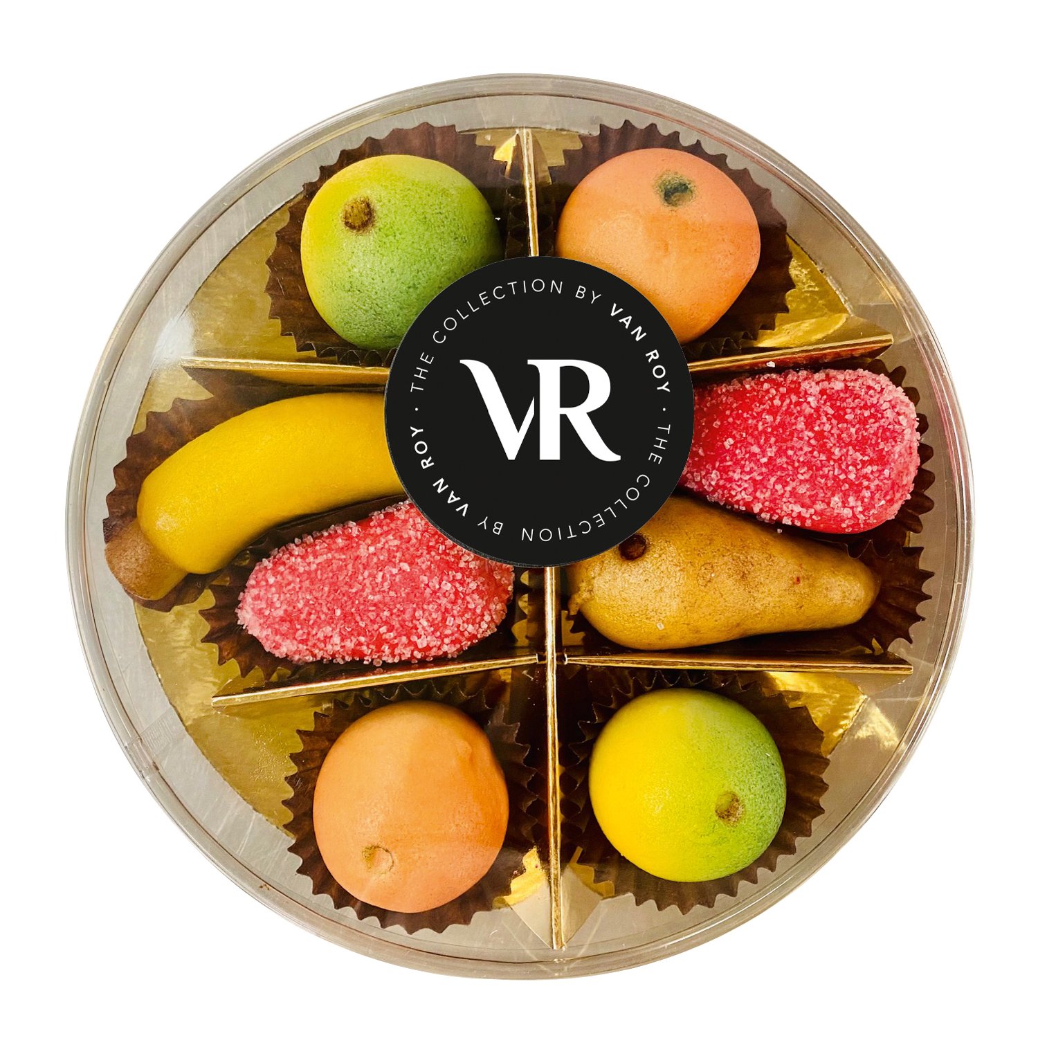 Marzipan fruits in round cello gift box 15x200g