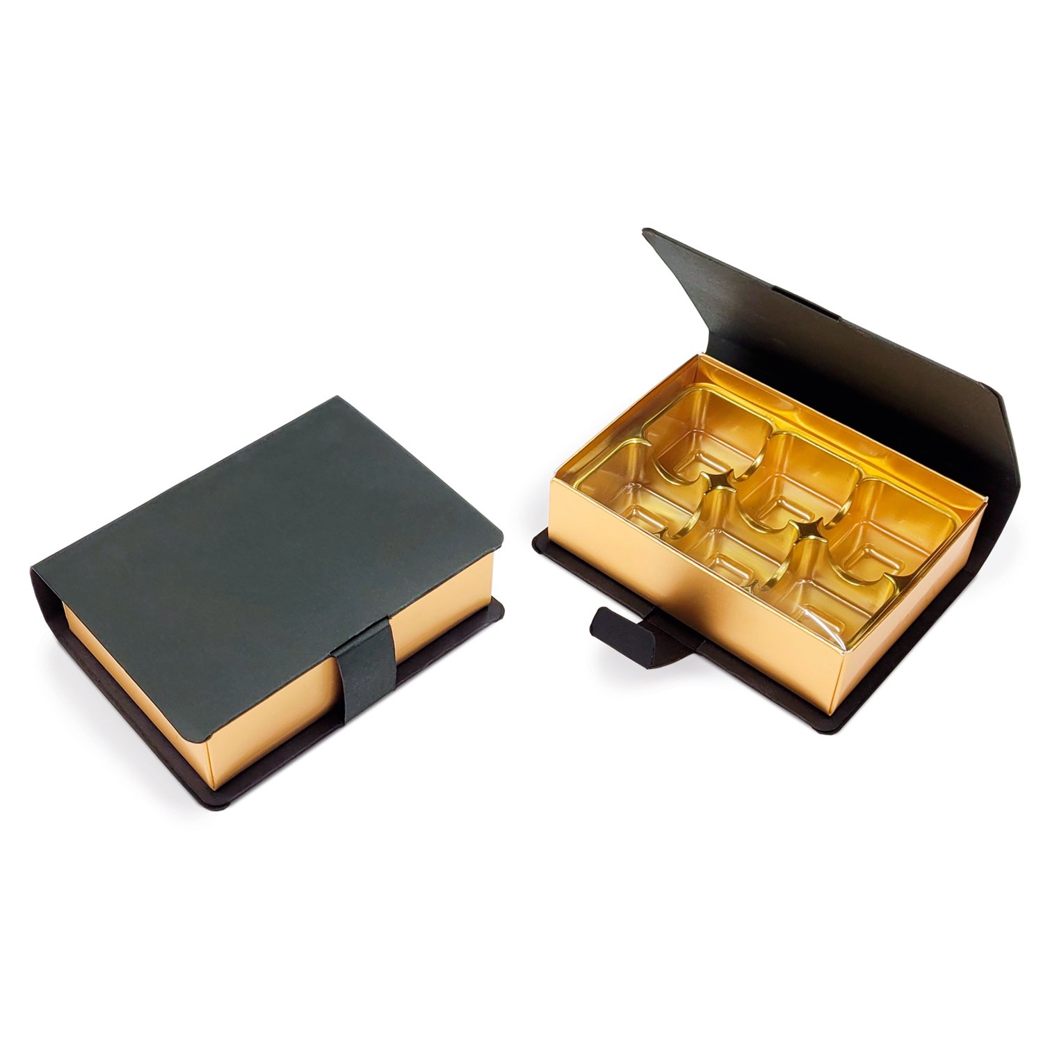 THS Packing - 6 choc hinged lid book box with gold vac tray 110 x 80 x 32 x 10pcs