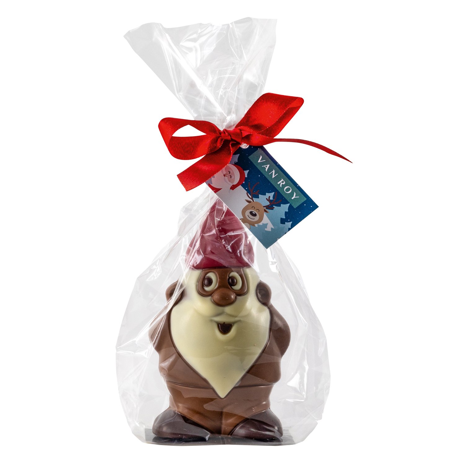 Hollow milk choc Gnome in gift bag with ribbon and tag 8x70g