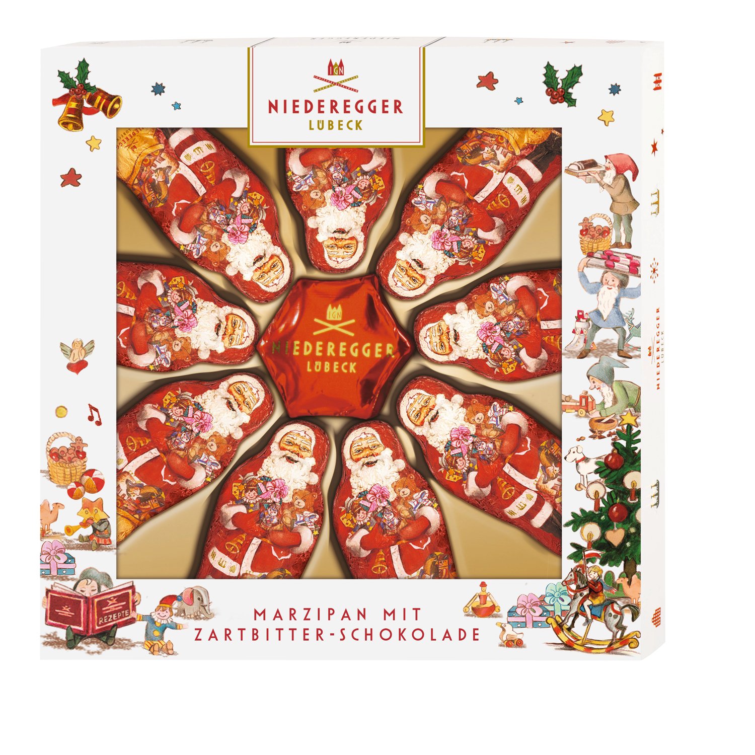 Santa and star selection of dark chocolate marzipan in gift box 10x125g