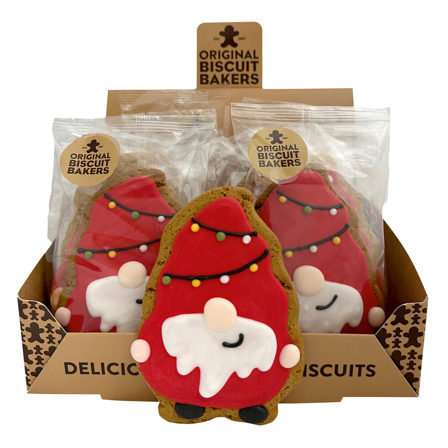 Gonk shaped hand iced gingerbread biscuits in display - VAT FREE x 16pcs
