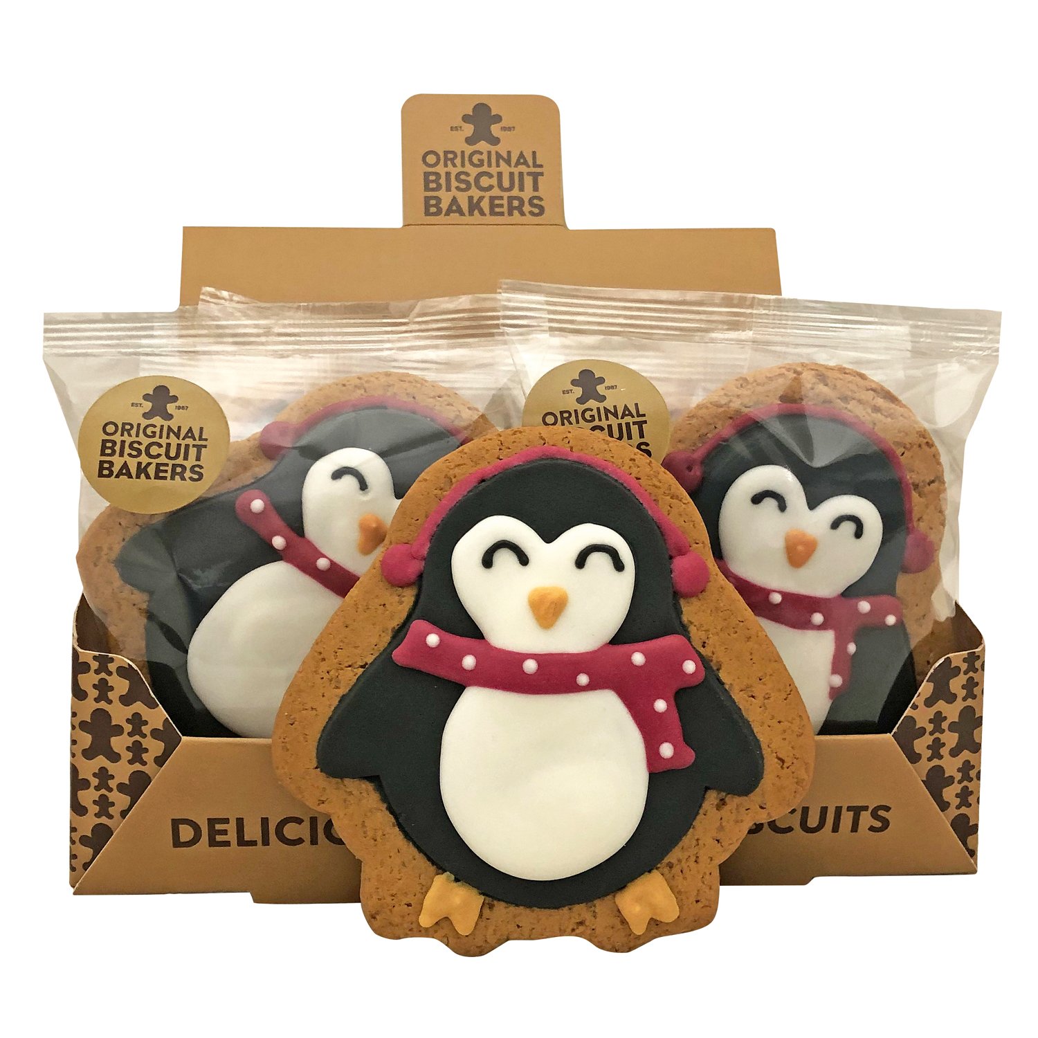 Penguin iced gingerbread biscuits in display - VAT FREE x 16pcs