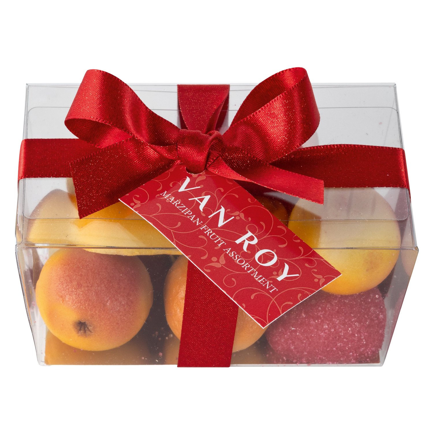 Premium marzipan fruits in clear ballotin with ribbon 8x215g