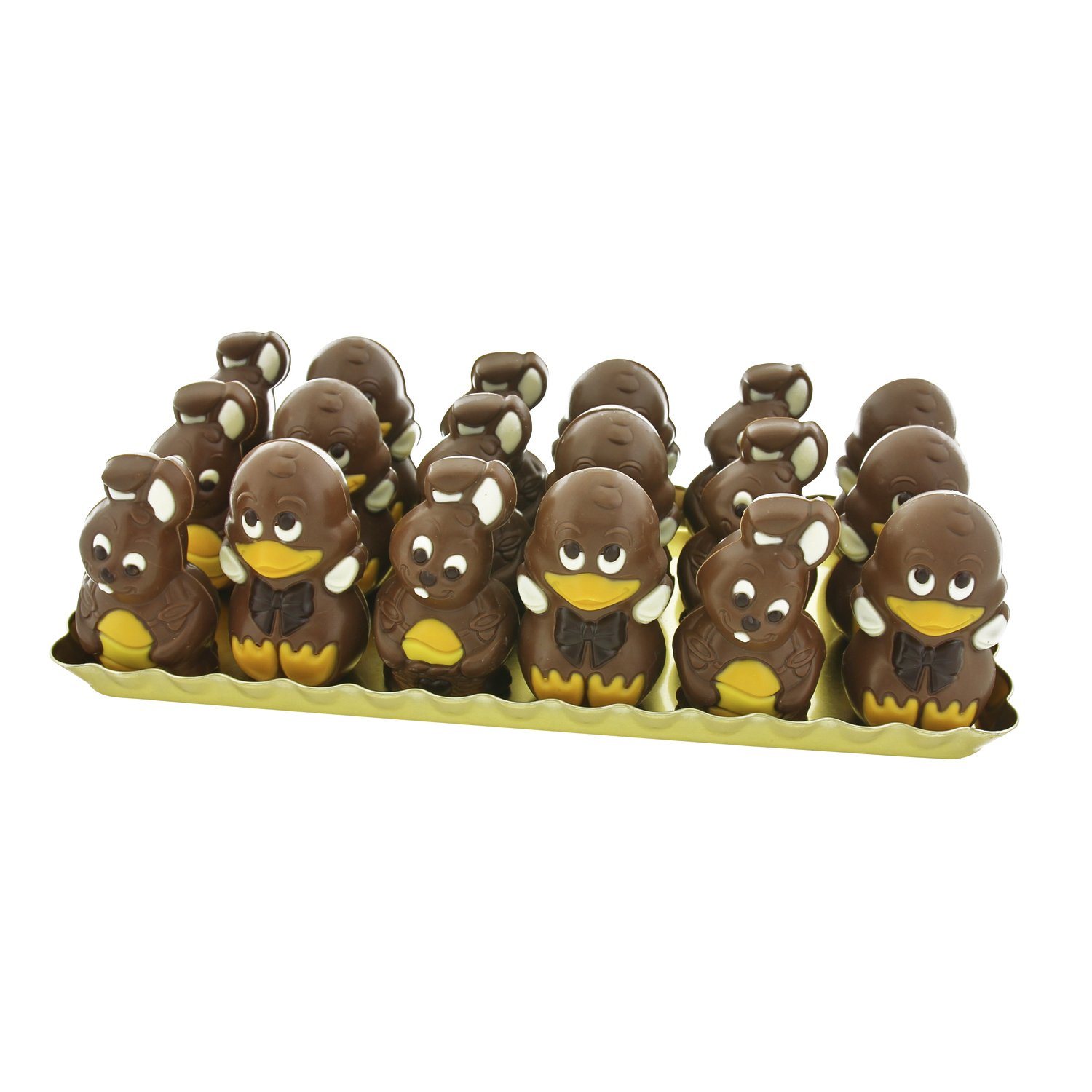 Decorated hollow milk choc Quacky and Fluffy figures on gold tray - 36x55g