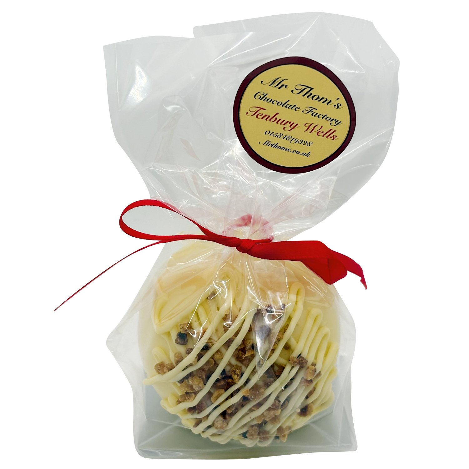 Caramelised hazelnut hollow white chocolate baubles in cello bag 10x80g