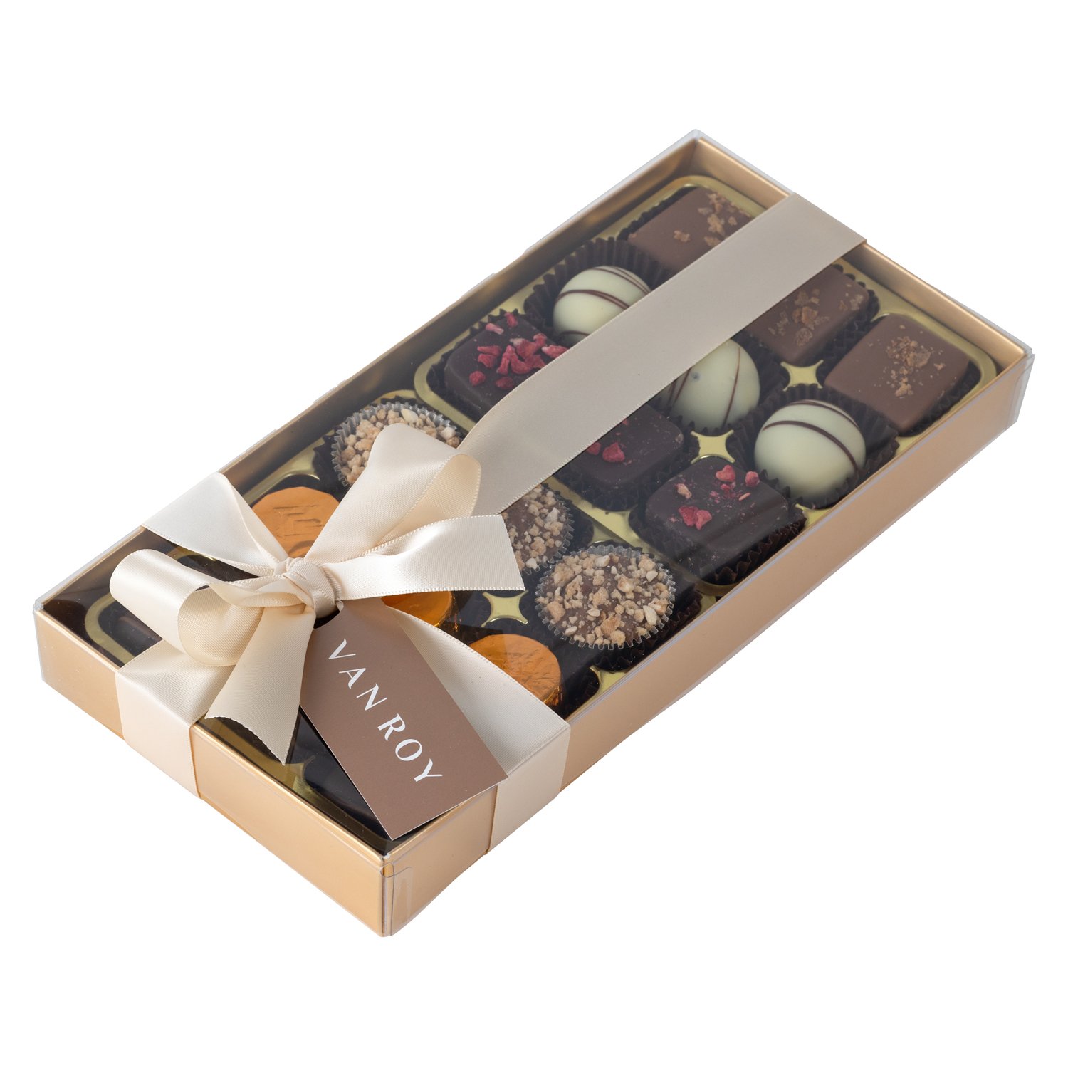 18 Belgian chocs in gold gift box with clear lid & ribbon 6x285g