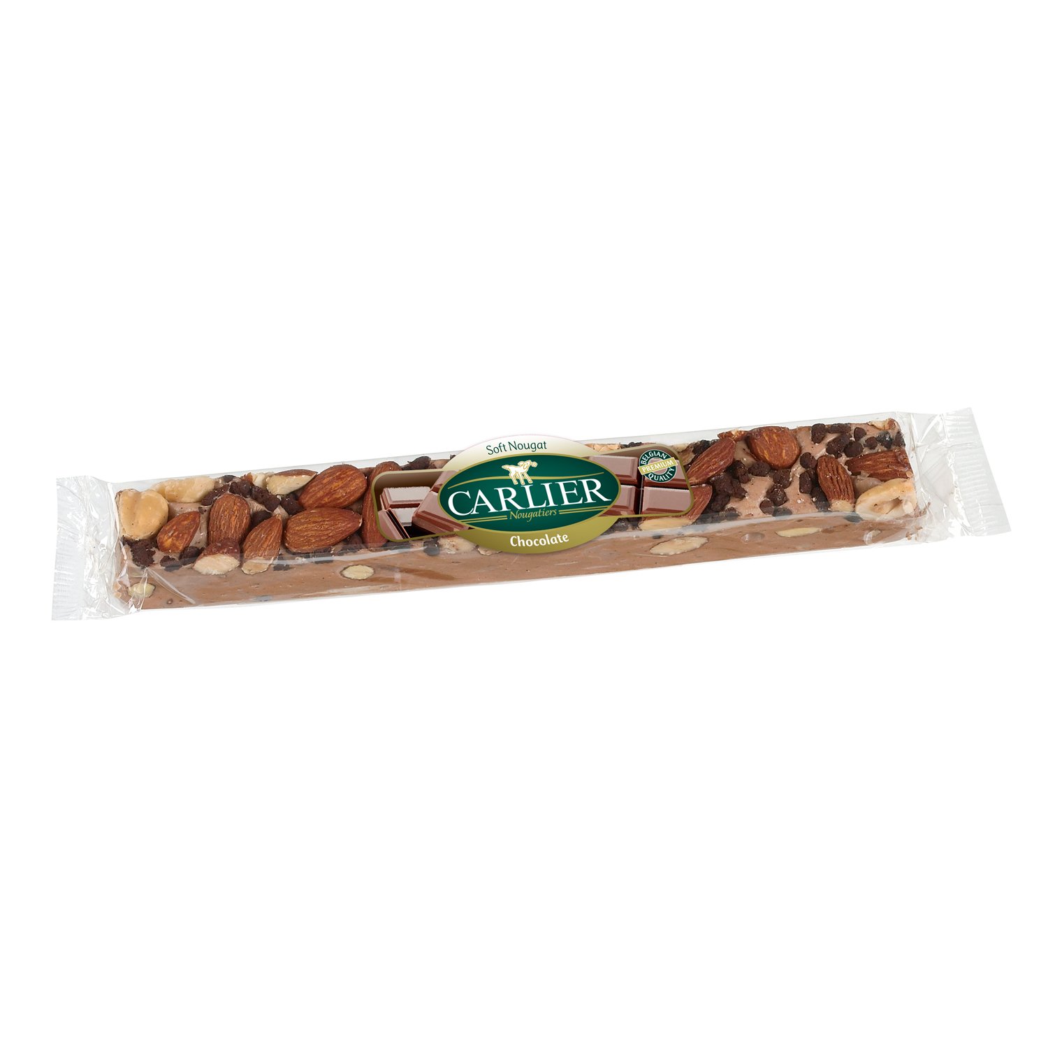 Soft almond and chocolate wrapped nougat bar in display box 24x100g