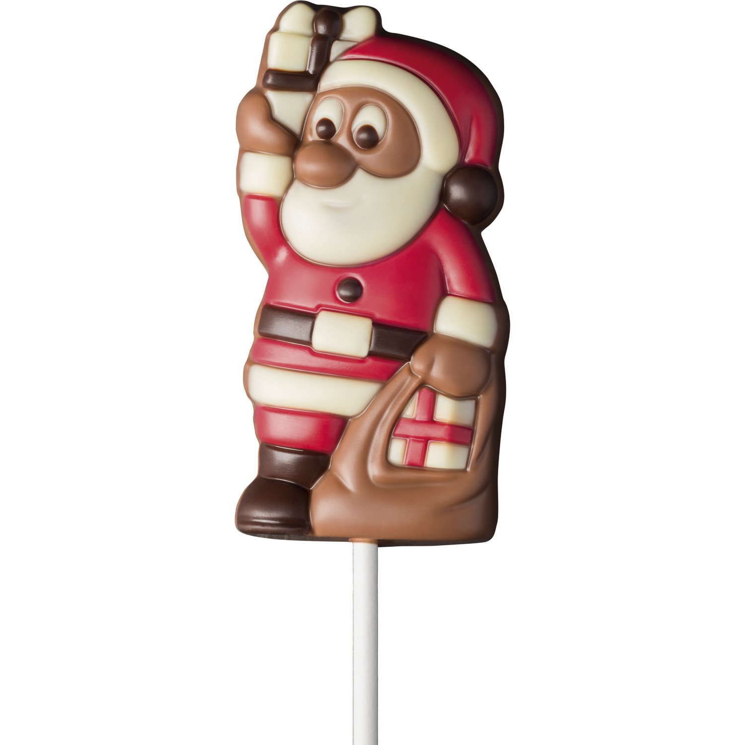Decorated milk chocolate Santa with present lolly in display - 165mm - 18x35g