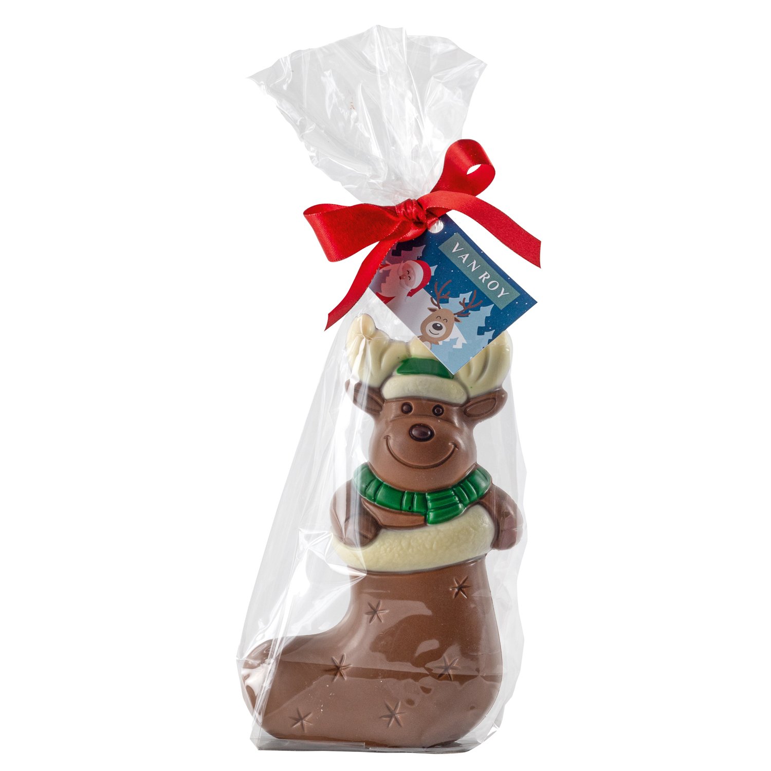 Hollow milk chocolate Christmas Elk in stocking in gift bag with ribbon 6x110g